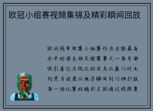欧冠小组赛视频集锦及精彩瞬间回放