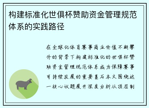 构建标准化世俱杯赞助资金管理规范体系的实践路径