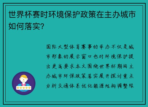 世界杯赛时环境保护政策在主办城市如何落实？